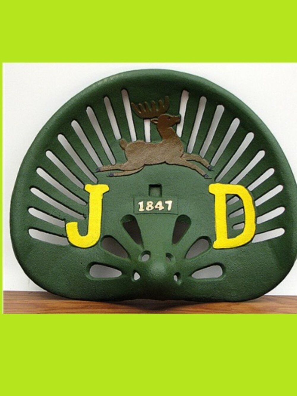 Cast Iron Green Tractor Seat J D 1847 With Deer 15 1/2 wide 0339B